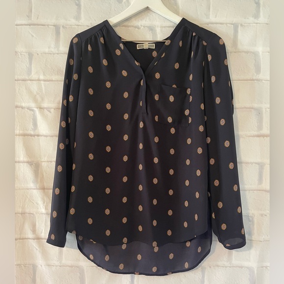 Pleione | Navy Patterned Long Sleeve V-Neck Blouse - Picture 1 of 7